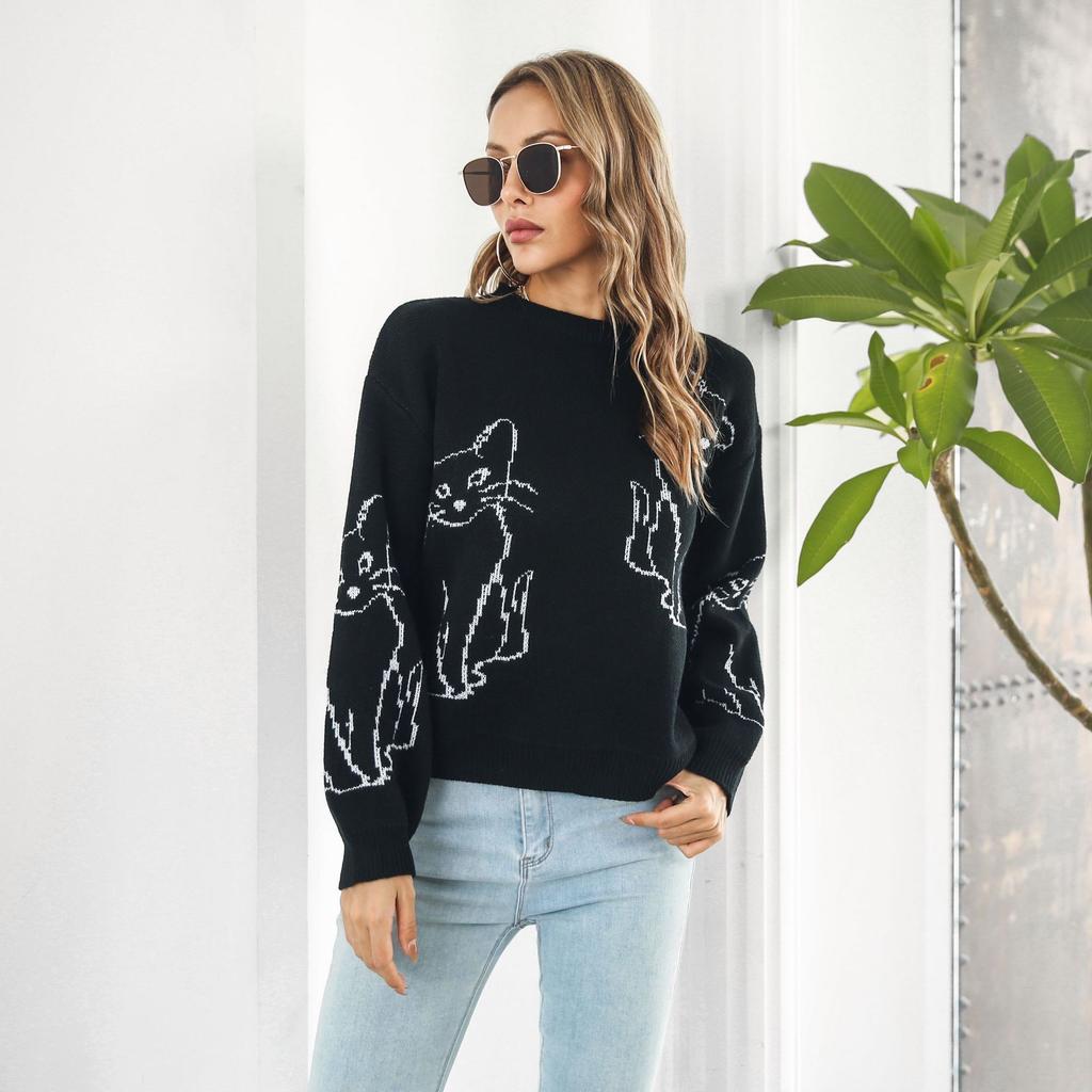 GMXIA Damenmode, lässig, Kätzchen-Druck, Herbst-Winter, langärmelig, halber Rollkragenpullover, lose Pullover