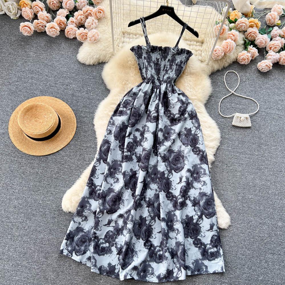Koreansk stil for kvinner Rose Blomstertrykk Retro Festkjole Sommer Elastisk Høy midje Ferie Lang kjole Strand Vestido