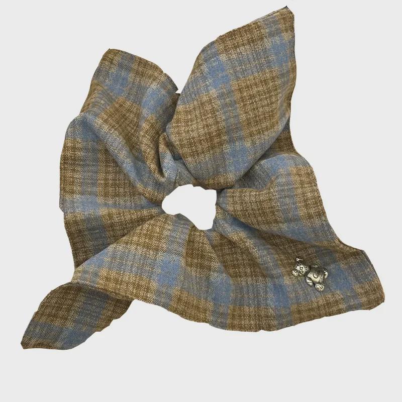 Korean Style Bear Plaid Scarf Hair Band & Ponytail Hair Tie Set