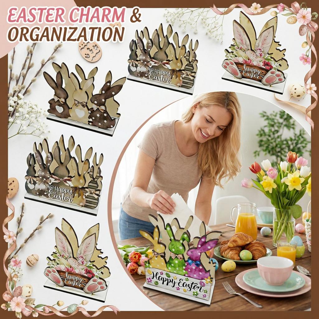 Houten decoratieve plaquette met paashaasje als servettenhouder. Decoratief item.