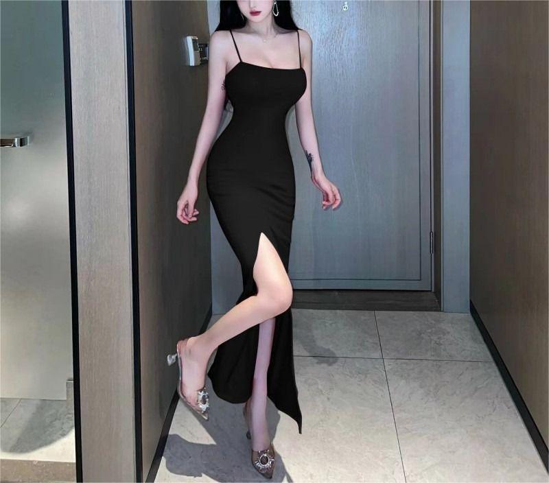 French Pure Desire Off-Shoulder Camisole Slit Dress - Slim Fit, Formal Long Dress with Niche Design.