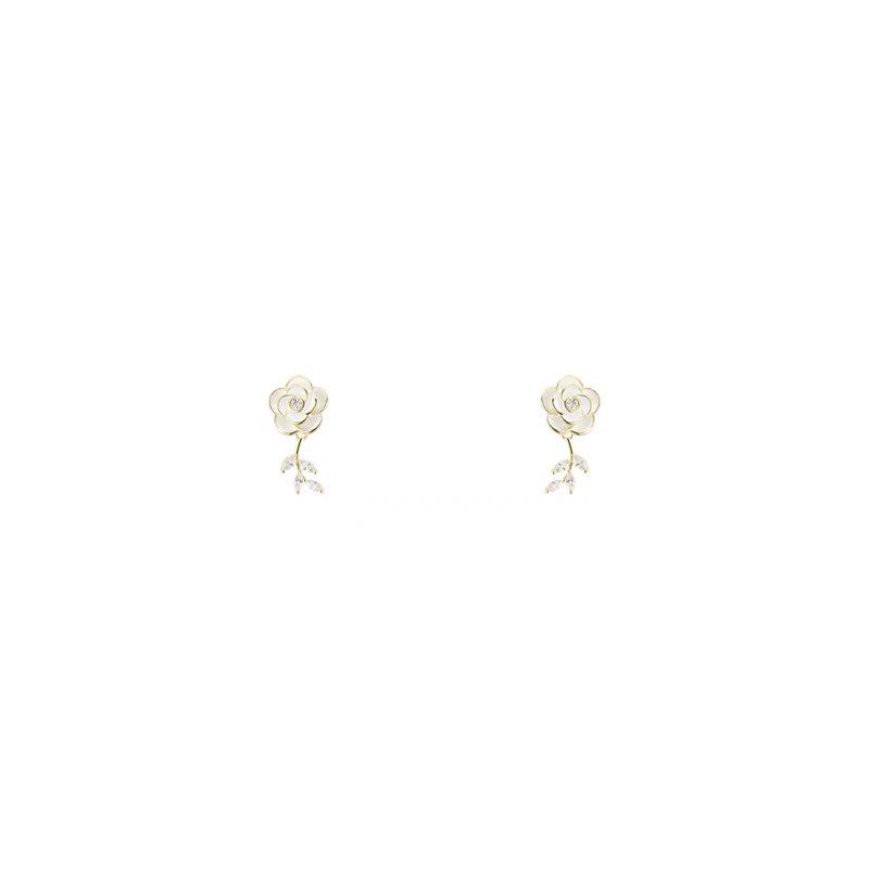 Elegant White Camellia Zirconia Leaf Stud Earrings - Light Luxury Fashion Accessories