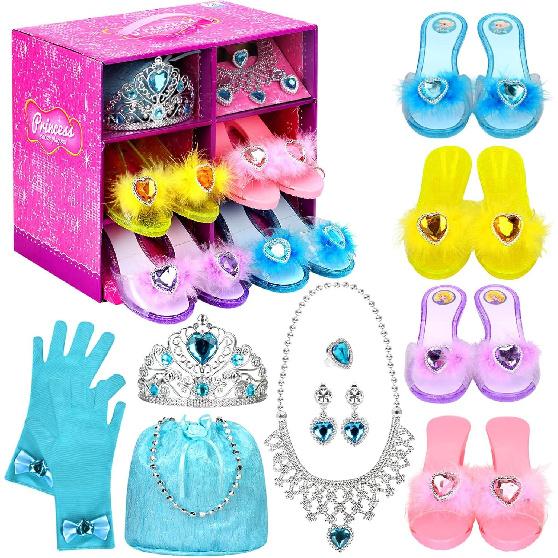 Princess Dress Up Shoes Set, Girls Role Play Dress Up Toys, Toddler Pretend Jewelry Boutique Kit Gift Set for Little Girls Aged 3-6 Years Old, 4