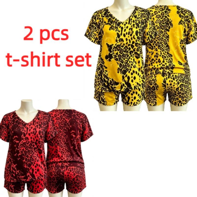 Summer European Streets Leopard Style Printed V-Neck Short Sleeved T-Shirt And Shorts Set Women's and Men's T-shirt Shorts Set