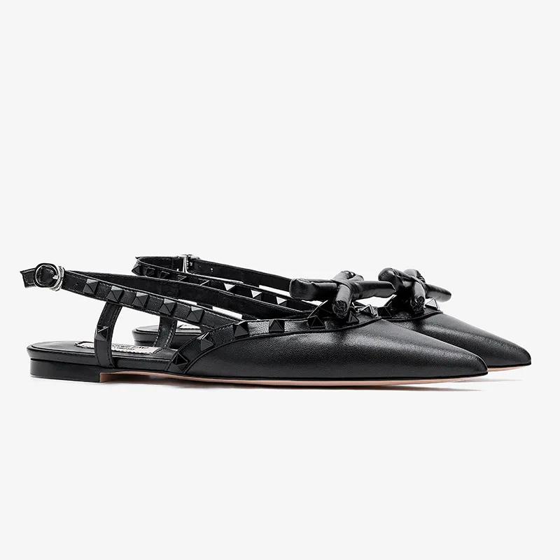 Fashion New Summer Rivet Bownot Solid Color Flat Sandals Fashionable Pointed Versatile Temperament Commuting Shopping Single Shoes 34-41