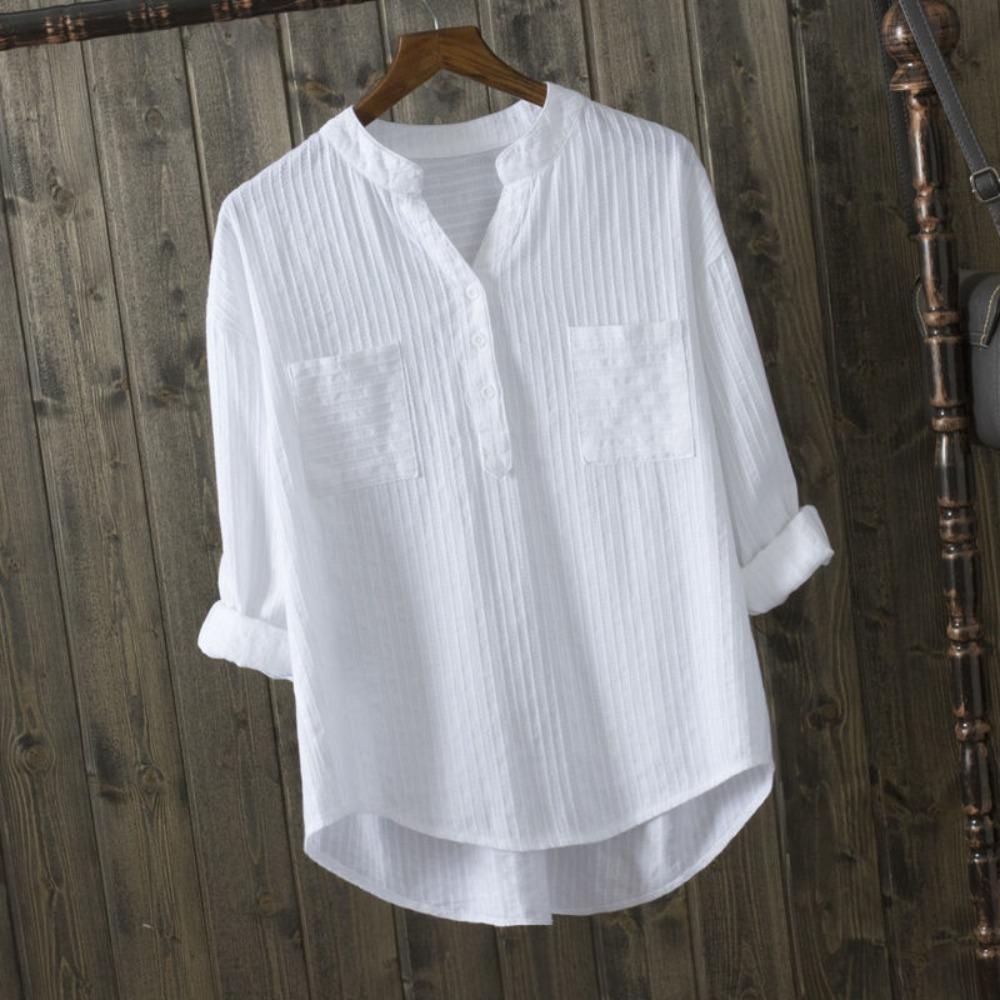 Ladies' White Shirt, Long-sleeved, Loose, Casual Solid Color V-neck Shirt, Ladies' Long-sleeved Top
