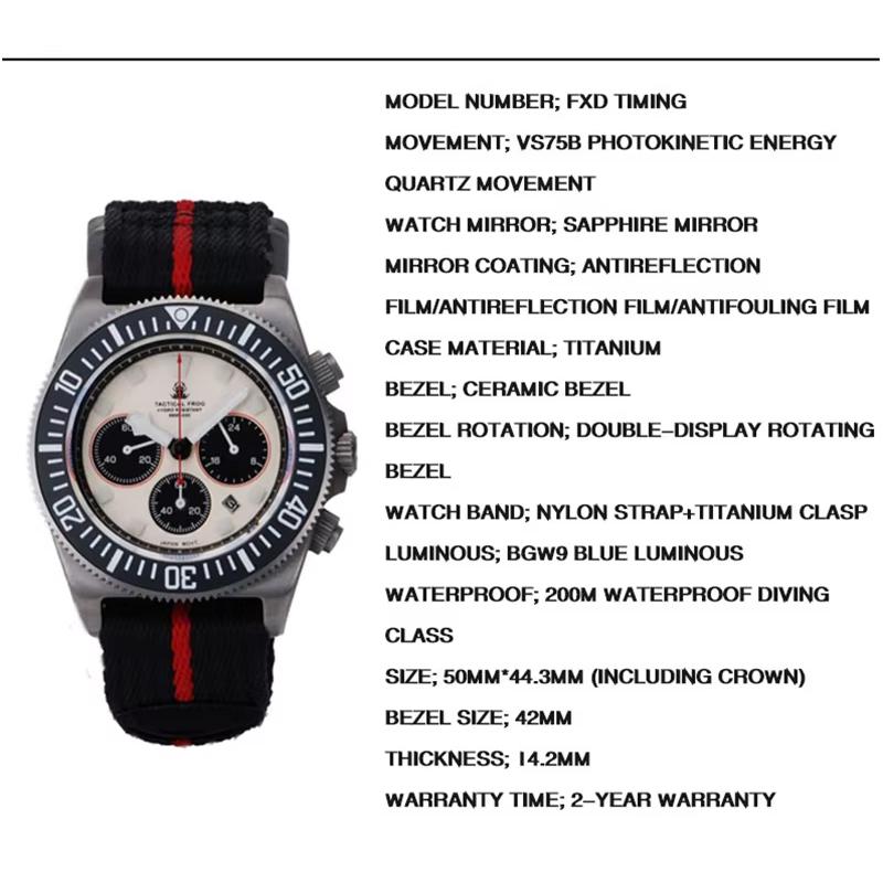 Tactical Frog FXD Titanium Quartz Watch VS75B Solar-powered Movement 20Bar Chronograph Sapphire Diving Watch BGW9 Luminous Watch