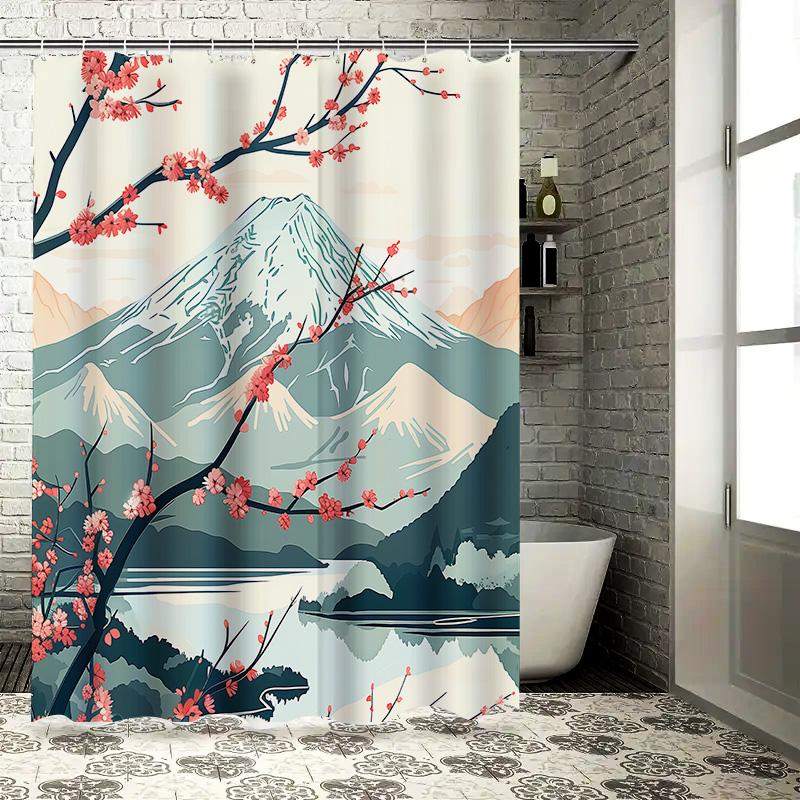 Elegant Japanese Style Shower Curtain With Mount Fuji And Cherry Blossoms - Waterproof And Durable Home Decor Essential