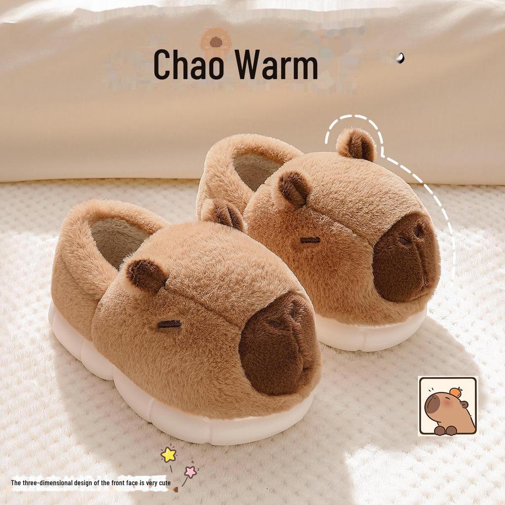 Pantoufles en coton Capybara en peluche: Chaussures d'intérieur confortables à talons antidérapantes pour femmes, automne/hiver
