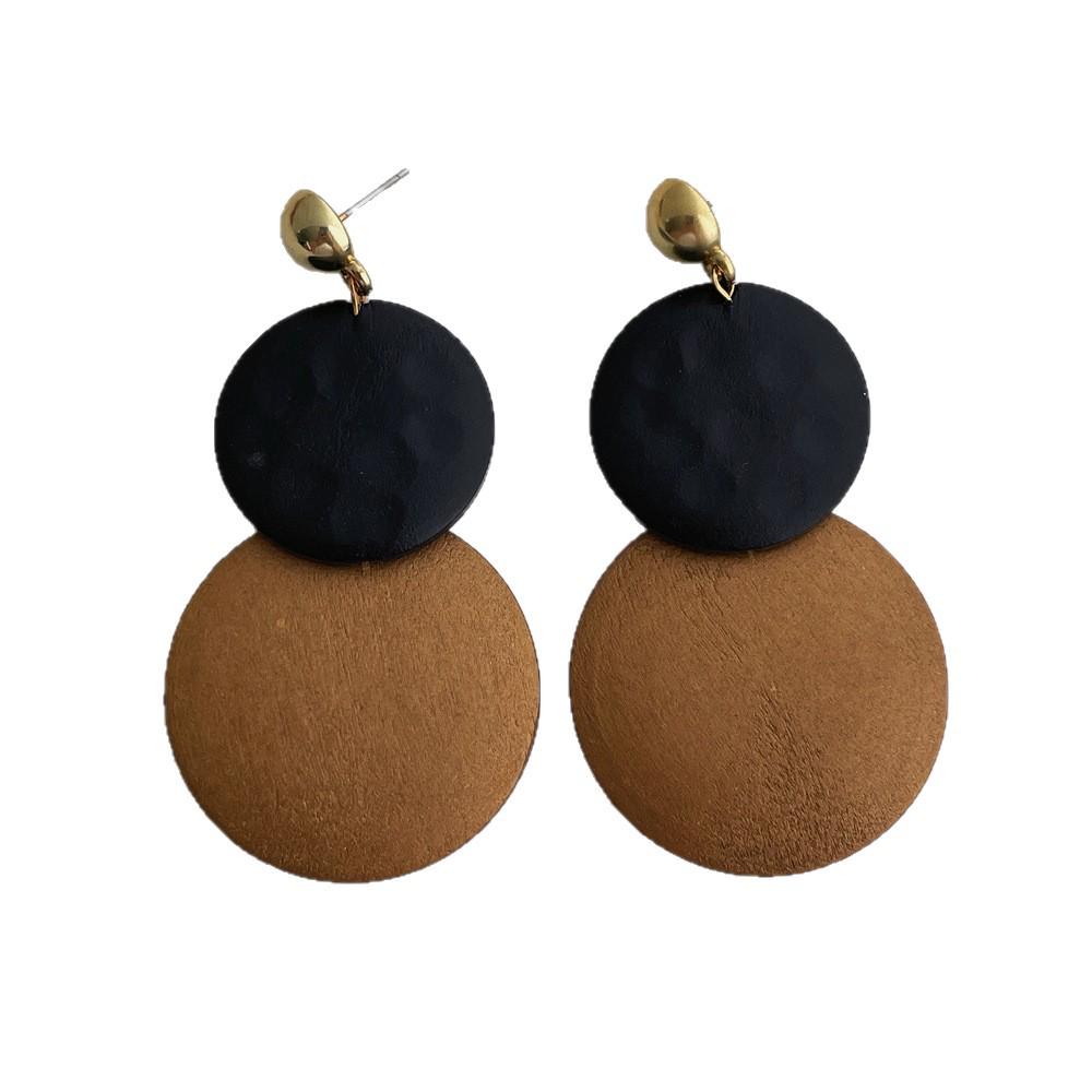 Korean Retro Geometric Wooden Earrings: Women's Long Dangle Ear Hoops, Simple Handmade Dotted Round Jewelry