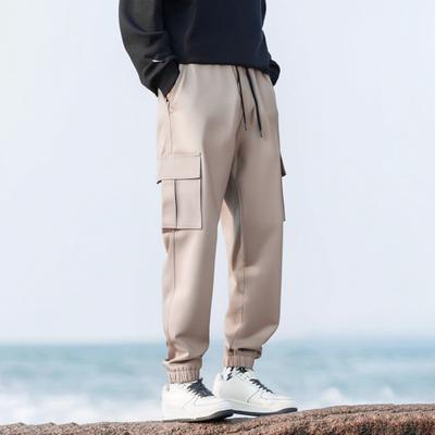 Men Cargo Pants Japanese Style with Multi-Pocket Design Drawstring Elastic Waist Ankle-banded Loose Trousers for Hiking Work Travel