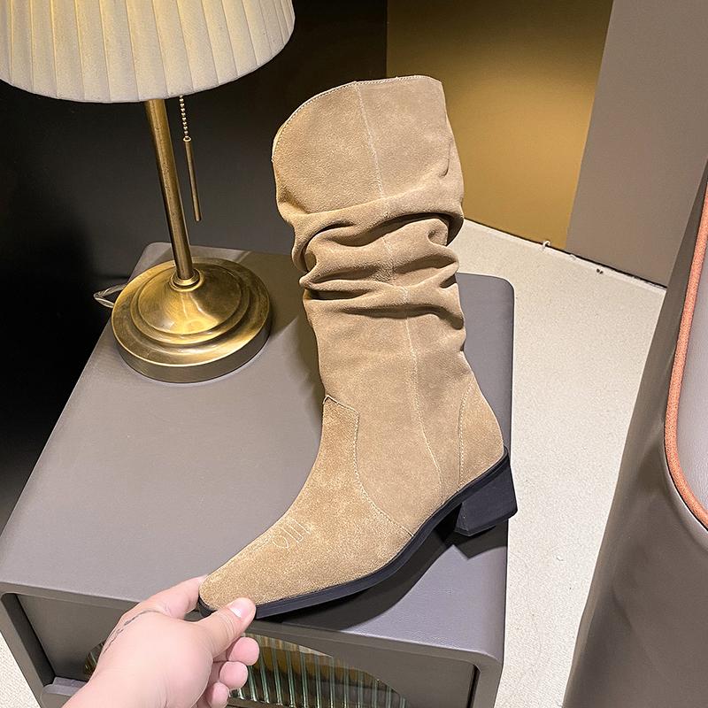 Fashion Stacked Knight Boots Retro Thick Heel Square Head 2024 Spring and Autumn New Women's Ruffled High Sleeve Boots