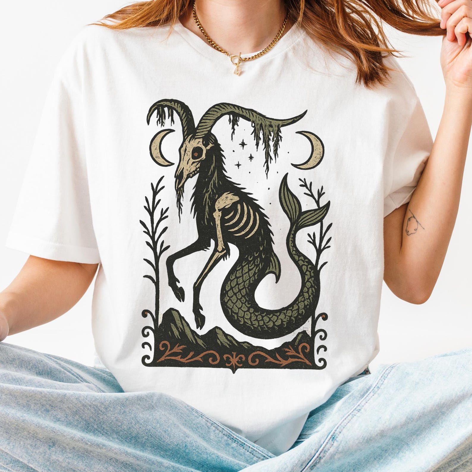 Capricorn Zodiac T-Shirt: Dark Folk Art Astrology Sea Goat Horoscope Tee XL
