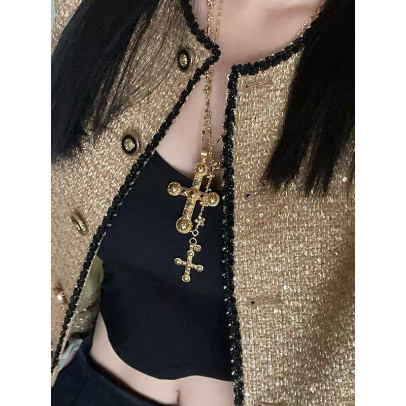American Baroque Gold Cross Necklace Pearl Multi-Layer Twin Fashion Retro Fancy Sexy Sweater Chain