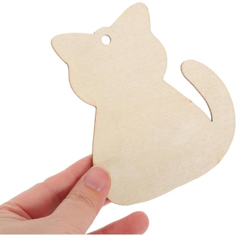 10pcs Cat Wood DIY Crafts Cutouts Wooden Cat Shaped Hanging Ornaments Wood Tags for Pets Themed Birthday Christmas Party Decor