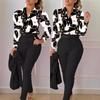Printed Long-Sleeve Top & Solid Color Pants Suit with Belt