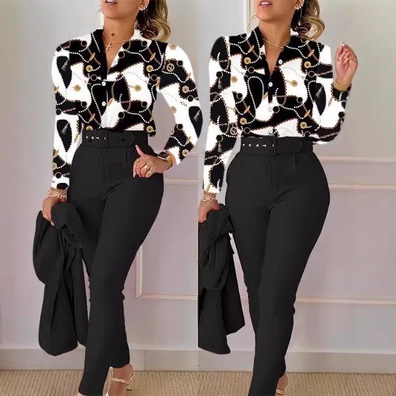 Printed Long-Sleeve Top & Solid Color Pants Suit with Belt