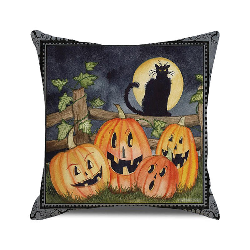 Halloween! Watercolor pumpkin black cat Digital printing short plush pillow covers for car sofa office cushion cover home goods