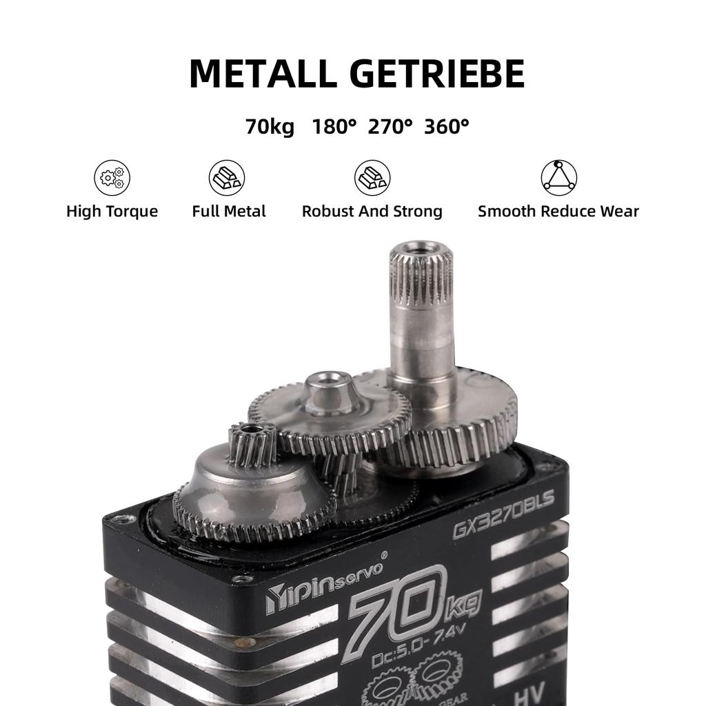 Rcmall GX3270BLS Digital Servo, 70KG High Torque, 360°270°180°, Metal Gear, IP68 Waterproof, for RC Crawlers (360 Degree)