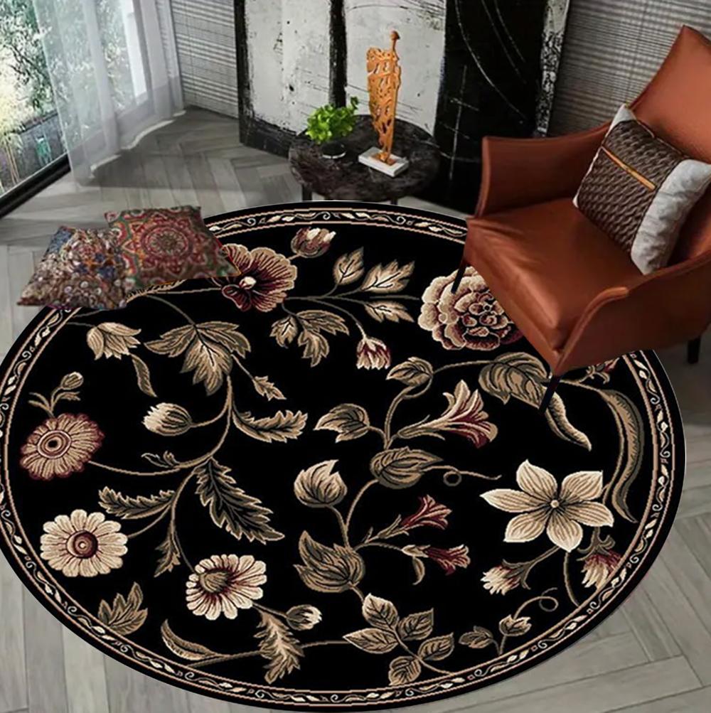 European Vintage Floral Round Carpet Ethnic Style Elegan Home Decor Rug Soft Non-slip Floor Mat for Living Room Bedroom
