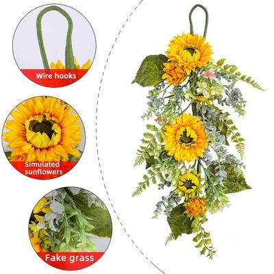 Spring Wreath Hanging Plastic Flowers Artificial Flower Sunflowers Wreath Outdoor Front Door Wall Window Decors Simulation Holiday Celebration Wreath