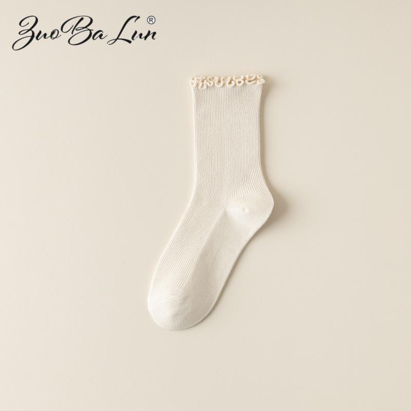 Barron Bubble Summer Cotton Lace Mid-Calf Socks with Wood Ear Edge - Japanese Sweet Style