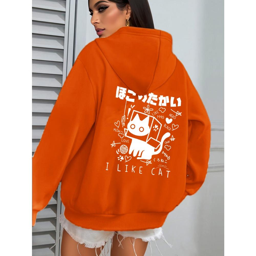 I Like Cat Heart Box Cat Print Women Hoody Autumn Fleece Hoodies Jogging Loose Streetwear Casual All-Match Female Hoodie