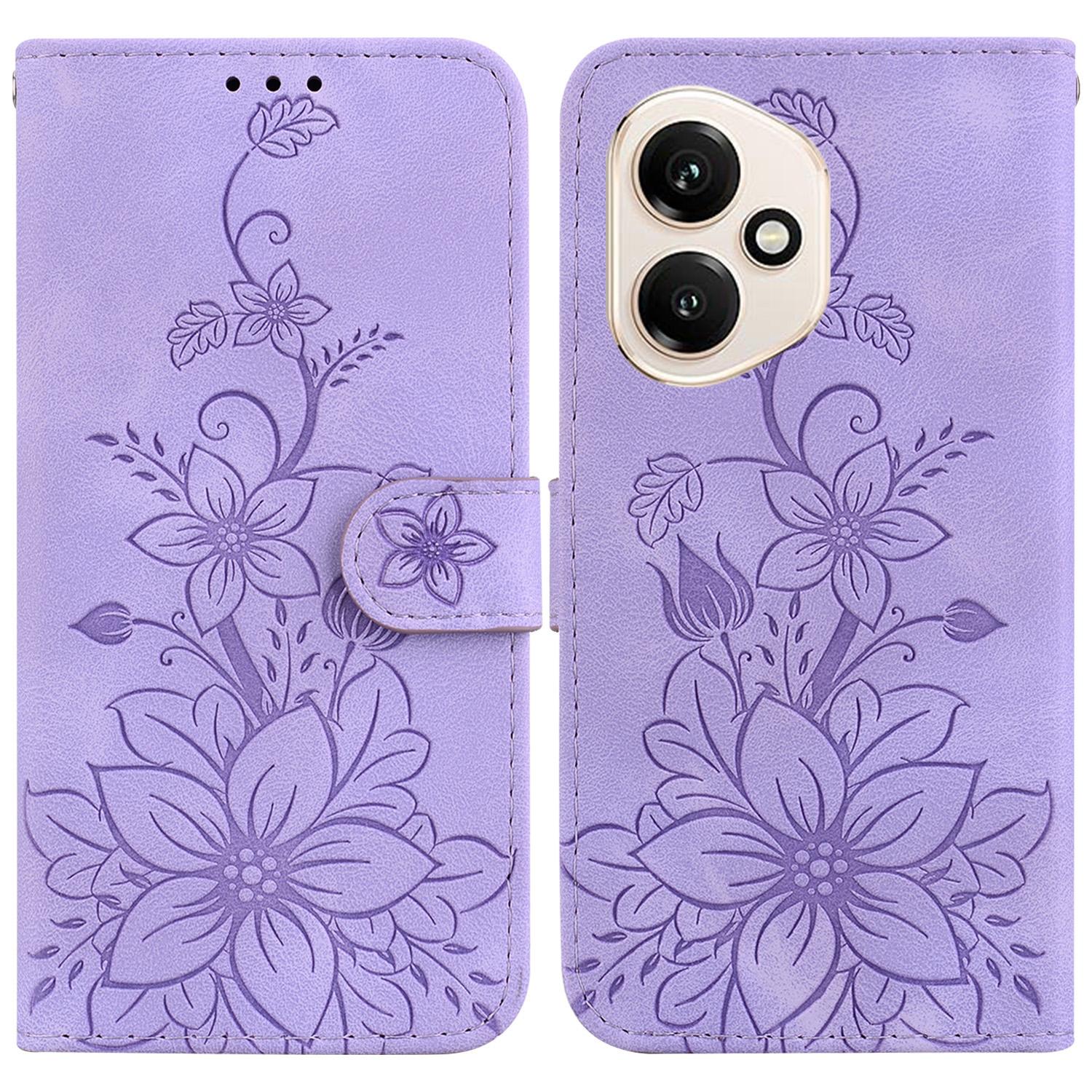 

For Honor 400 5G (Global) Stand Case Lily Flower Imprint Leather Phone Cover with Wrist Strap Purple