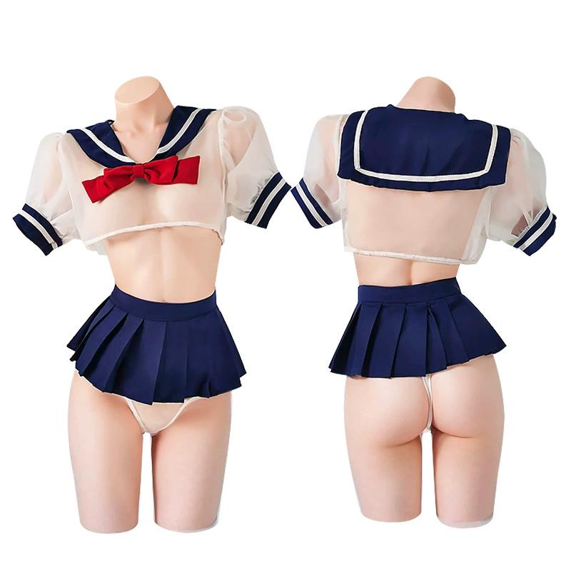 School Girl Cosplay Costume Women Sexy Lingerie Outfit Student Uniform Erotic Babydoll Crop Tops with Lace Miniskirt Panties