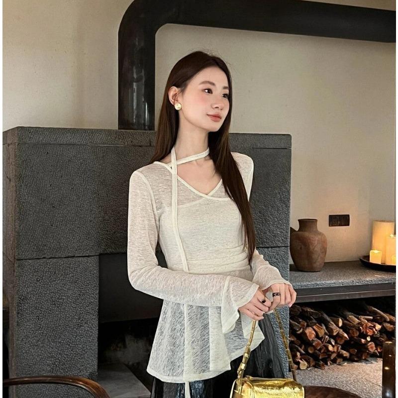 Autumn New Design Irregular Waist T-shirt Niche Elegant Ribbon Top for Women
