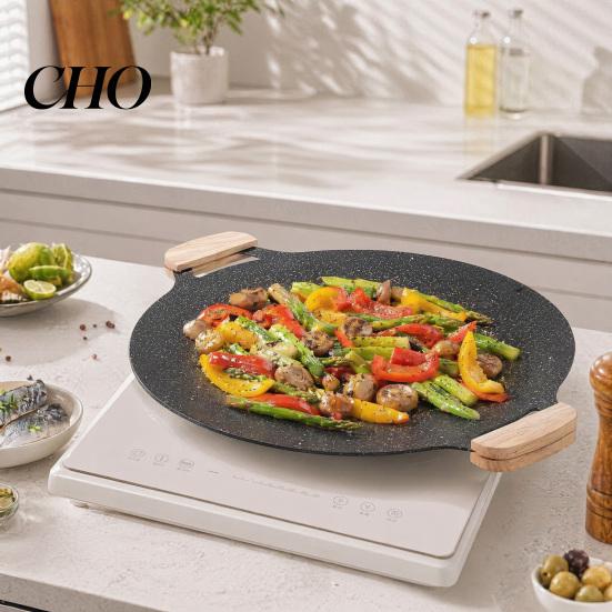 Family Size Outdoor Cooking Pan Electric Smokeless Grill, Nonstick Griddle, Korean BBQ Meat Roaster Quick Heat Conduction with Handle, Round