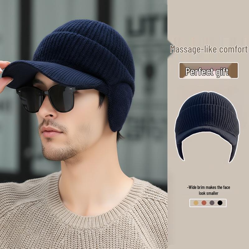Cappello in Lana Lavorata a Maglia Spessa con Visiera Tipo Duckbill da Uomo Nero - Caldo, Circonferenza Larga, Cappello Autunno/Inverno