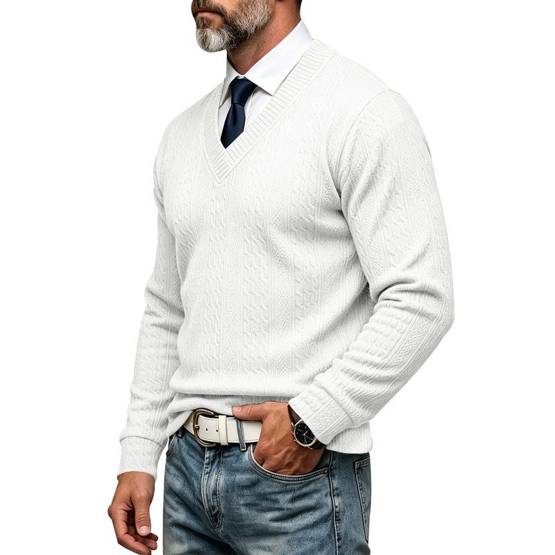 Maglione da Uomo Autunno Inverno a Treccia Monocolore Scollo a V Manica Lunga Casual Business Maglione Lavorato a Maglia