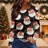 Women's Christmas Print Long Sleeve Top with Round Neck and Side Slit