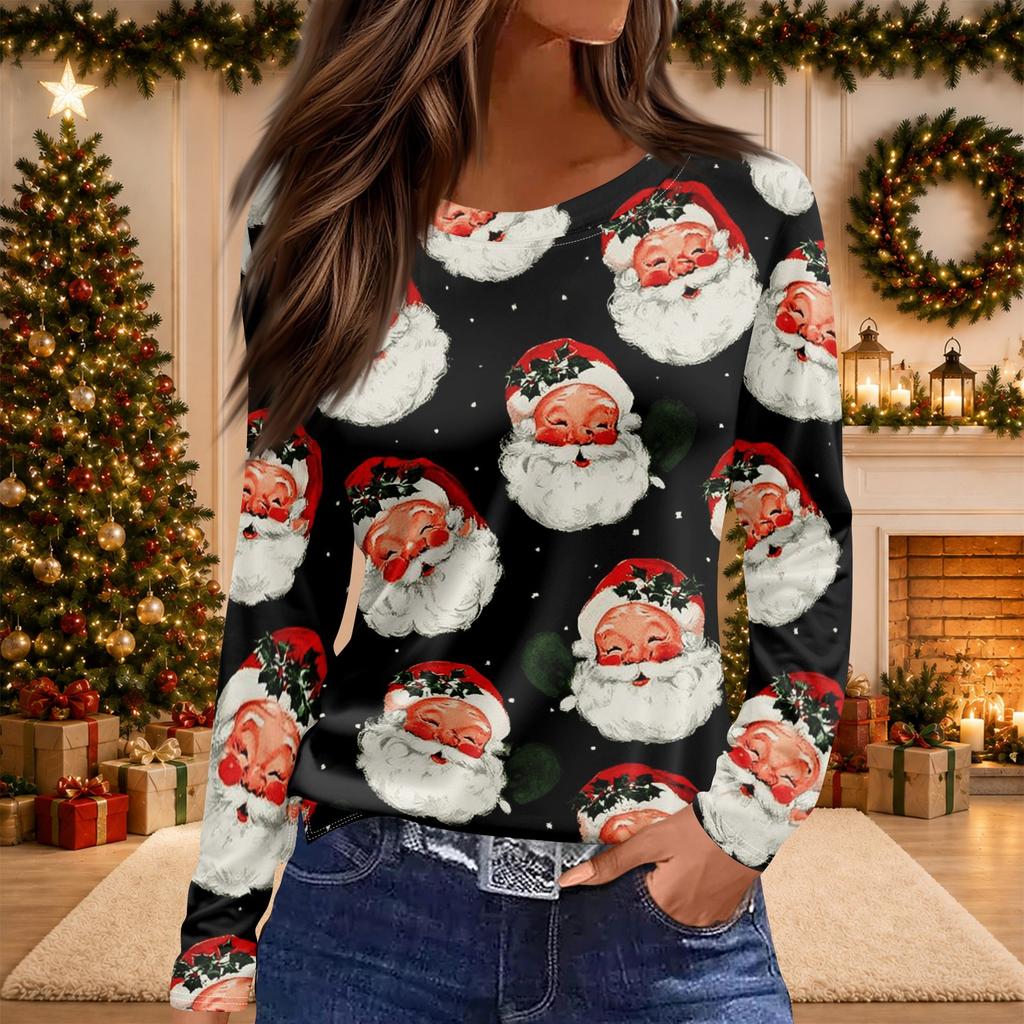 Women's Christmas Print Long Sleeve Top with Round Neck and Side Slit
