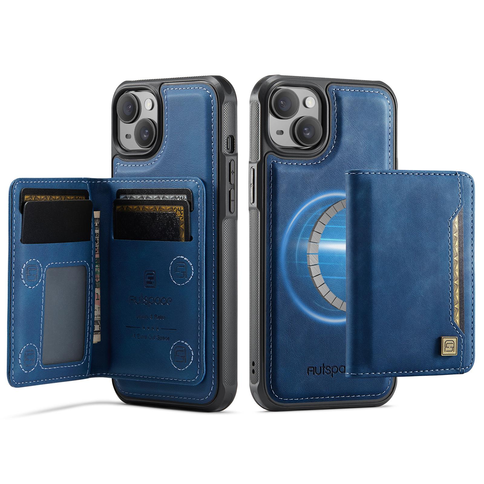 

Чехол для iPhone 14 Plus AUTSPACE A13 Винтажная кожаная задняя крышка со съемным магнитным карманом для карт Blue