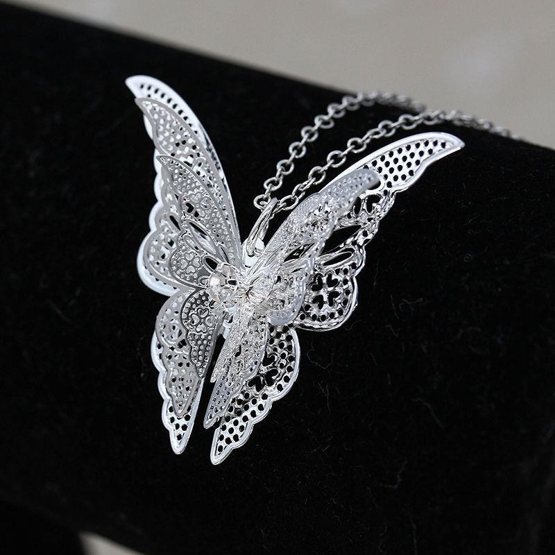Elegant Silver-plated Hollow Butterfly Necklace With Sparkling Crystal Inlay