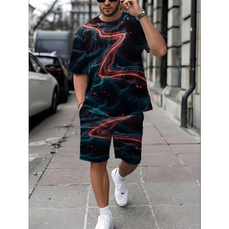 Urban Street Fashion Trend Men's Round Neck Short Sleeved Shorts Set, Outdoor Simple Casual and Comfortable