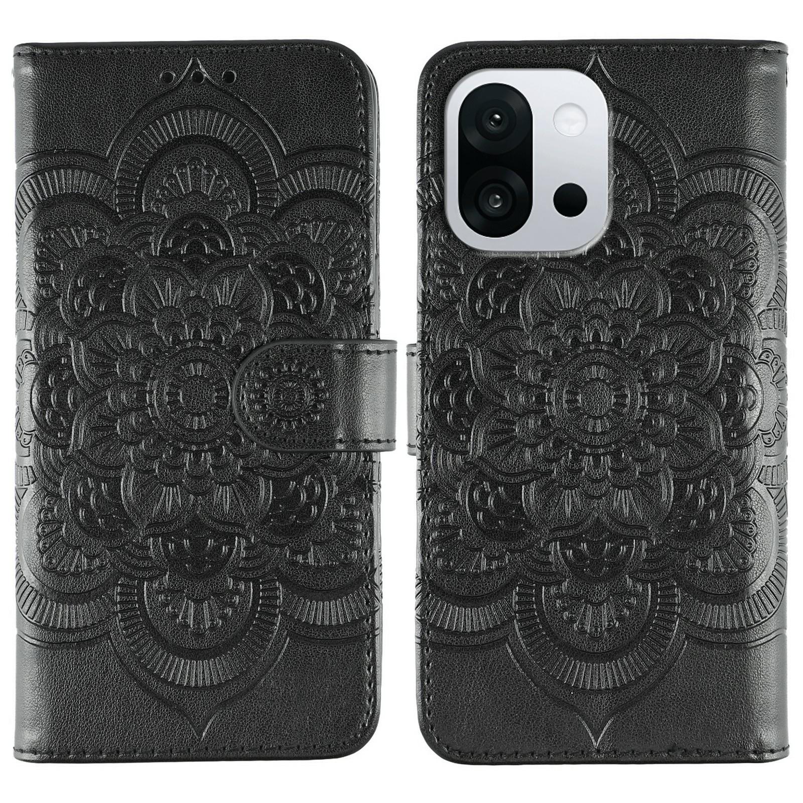 

For OnePlus 13T 5G Case PU Leather Mandala Imprinted Design Wallet Phone Cover with Wrist Strap Black