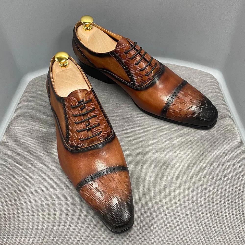 Fashion Classic Genuine Leather Mens Oxfords Business Office Brogue Dress Shoes Cap Toe Lace Up Italian Wedding Formal Footwear for Men
