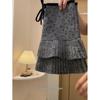 Plus Size A-line Polka Dot Wool Pleated Skirt - High Waist, Slimming, Spring/Autumn Wear