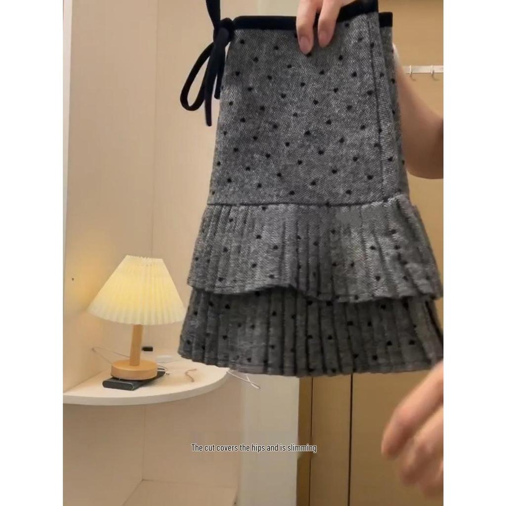Plus Size A-line Polka Dot Wool Pleated Skirt - High Waist, Slimming, Spring/Autumn Wear
