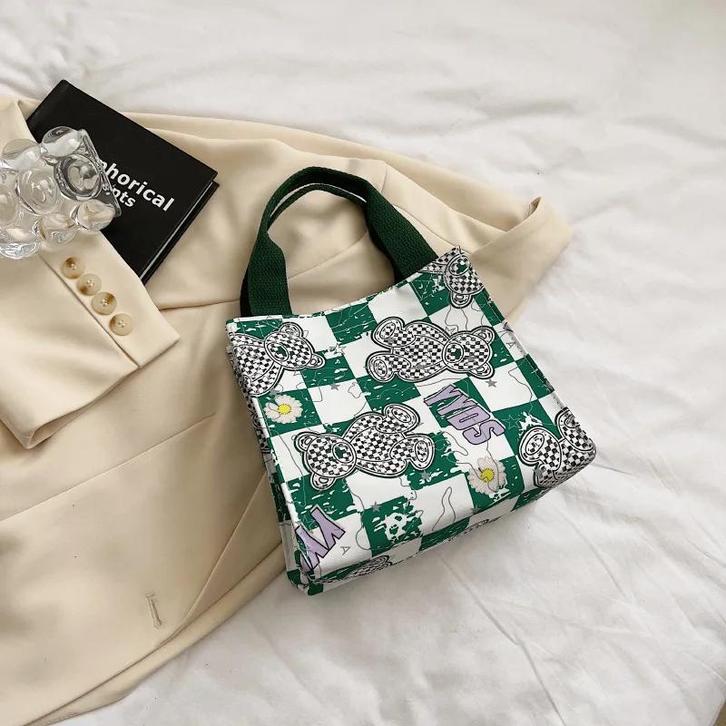 Geantă de designer din nailon pentru femei, cutie de prânz pentru studenți, geantă de damă cu ursuleț de desene animate, cu partea superioară deschisă, geantă cu mâner superior