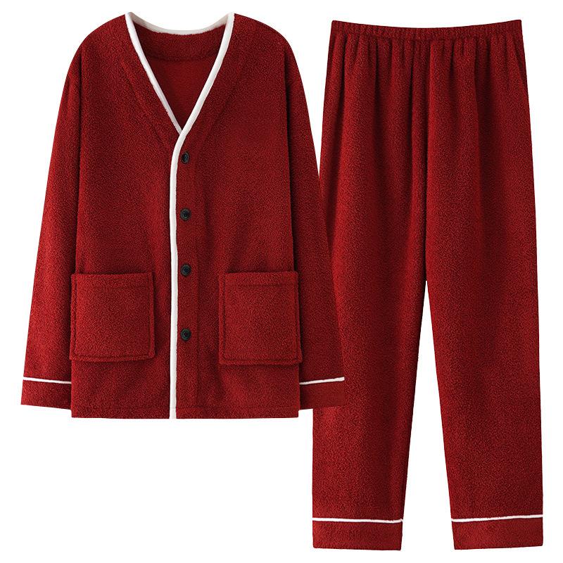 Red Pajamas Men'S Autumn And Winter Half-Edge Fleece Natal Year Loungewear Autumn And Winter Thickened Fleece Coral Fleece Suit