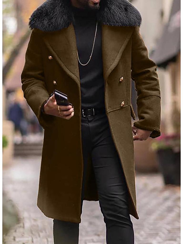 Men's Plus Size Double-Breasted Fur Collar Wool Coat