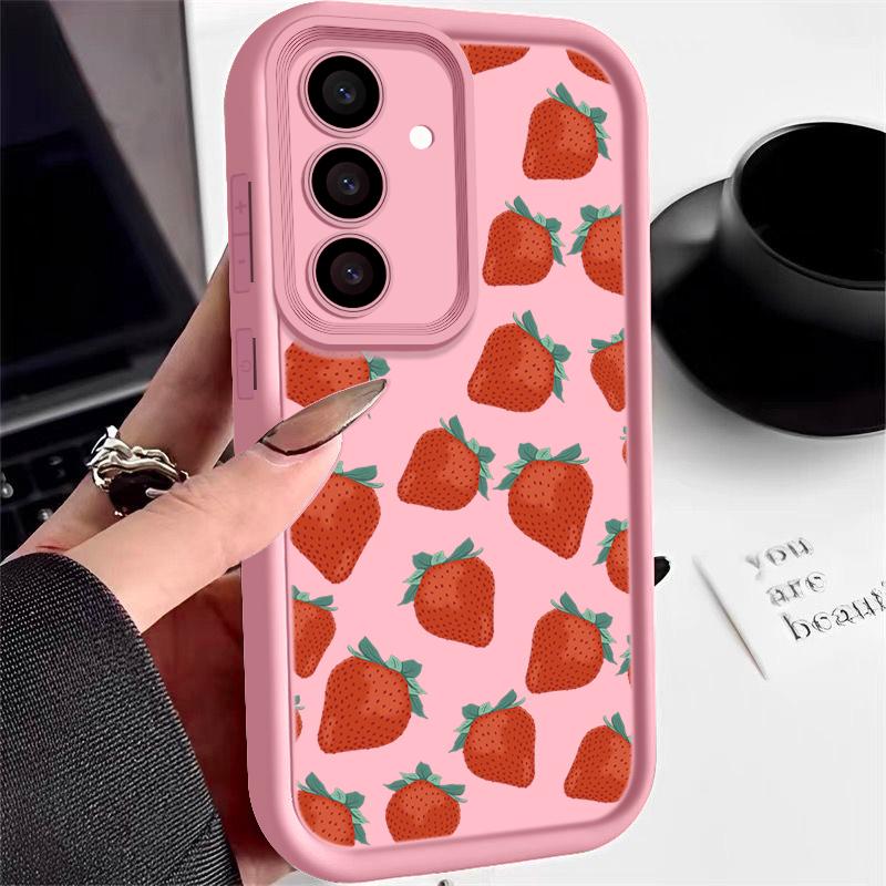 

Чехол с изображением клубники для Samsung S25 S24 Fe S23 Ultra A55 A53 A35 A15 A06 A16, ударопрочный мягкий силиконовый защитный чехол для объектива цвета конфет Samsung A56 розовый