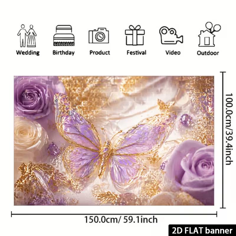 2D Glam Butterfly Party Backdrop, Purple Gold Floral & Diamond Background Decoration