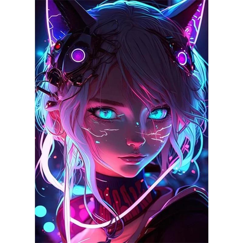 Neon Anime Cat Girl Posters Prints Canvas Painting Manga Neon Canvas Wall Art Pictures for Modern Home Girl Bedroom Game Decor