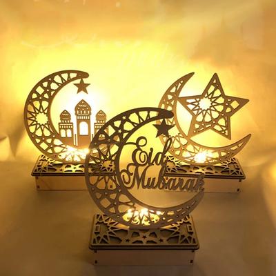 Ramadán Mubarak Decoración de Eid Lámpara de Mesa de Luna y Estrella de Madera Suministros para Fiestas en Casa Adorno de Escritorio para Reunión Familiar Islámica