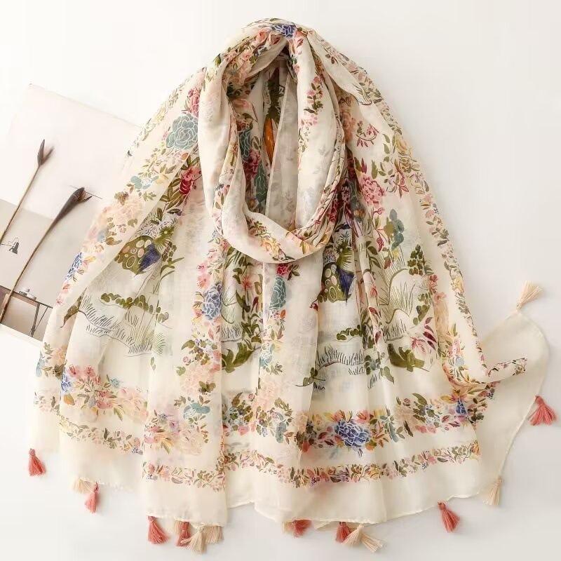 1 Spring And Summer New Bali Yarn Color Printed Scarf Literary Versatile Thin Ethnic Style Shawl Scarf